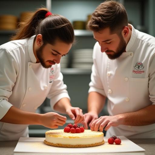 I pasticcieri di Isola Dolce mentre preparano con cura un dolce artigianale.